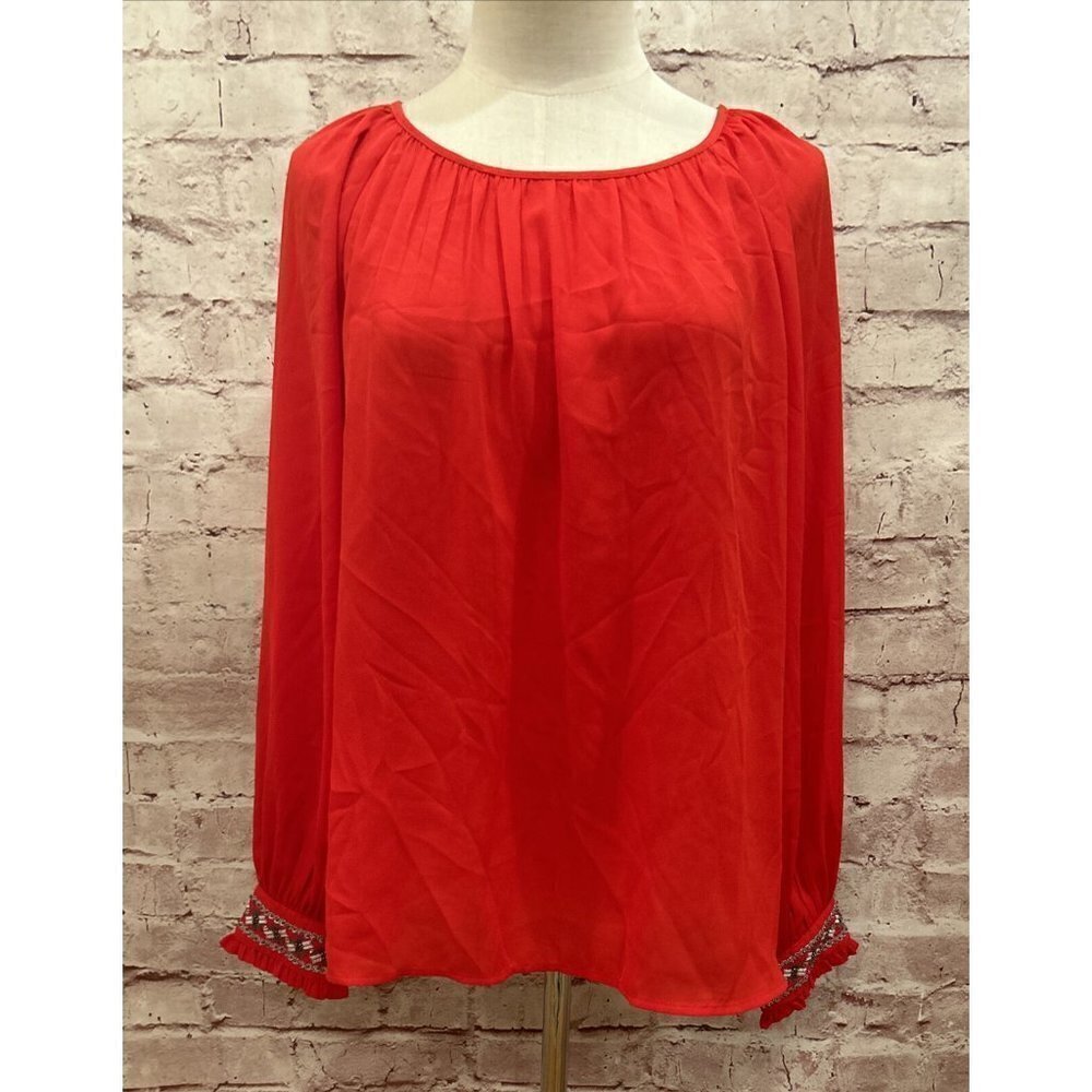 Crown & Ivy Womens XS Red Blouse Round Neck Long Sleeve Beaded Sequin Cuff NEW